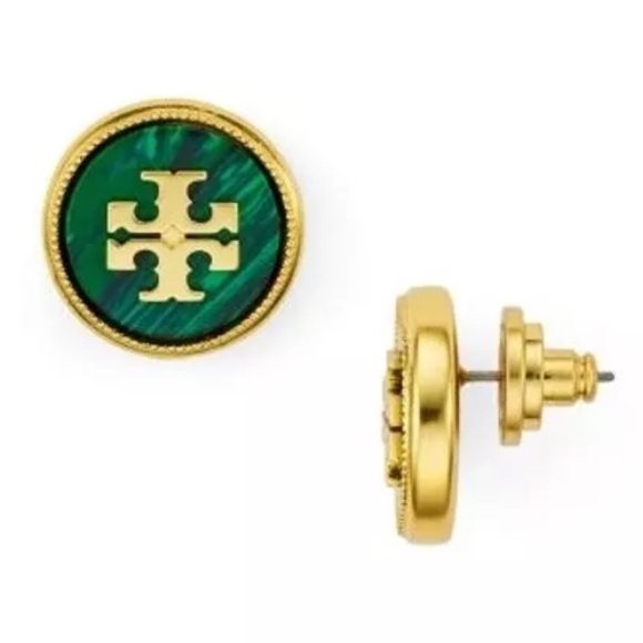 Tory Burch semiprecious green round button stud logo earrings - Picture 2 of 9
